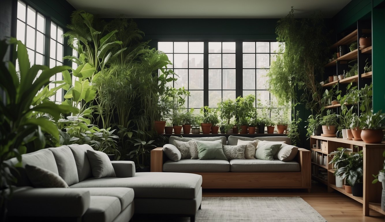 A cozy indoor garden with lush green plants integrated into the decor, blending seamlessly with furniture and accents