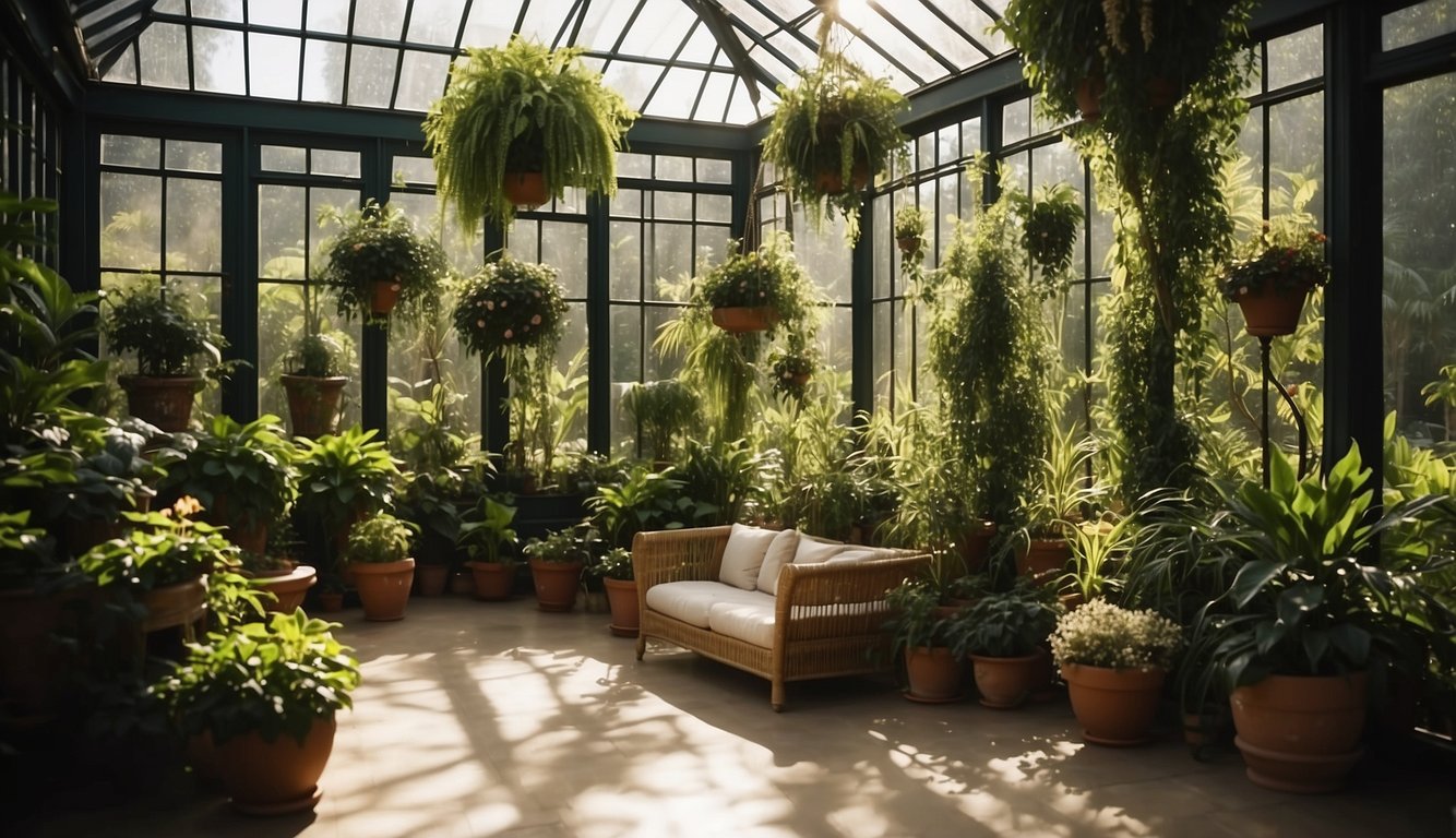 Lush greenery fills a sunlit conservatory, with hanging plants, potted trees, and a babbling fountain. Cozy seating areas and soft lighting create a tranquil oasis