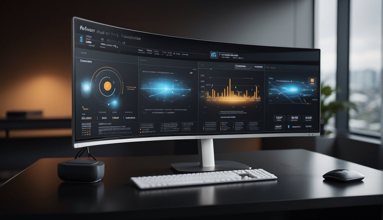 A compact privacy screen stands on a desk, shielding the computer from view. It is sleek and modern, with adjustable panels for customizable coverage