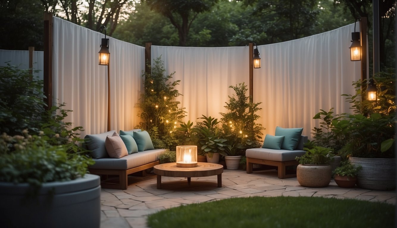 A cozy outdoor space with a variety of compact privacy screens, surrounded by lush greenery and soft lighting