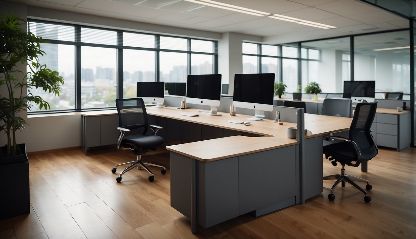 A modern office desk with sleek, foldable privacy screens in various colors and sizes, adding both style and functionality to the workspace