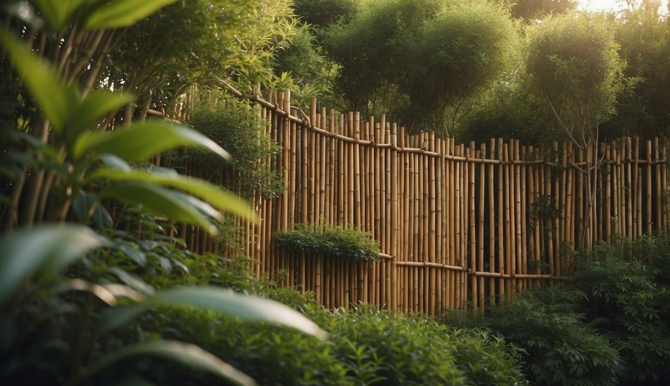 A garden with various types of privacy screens: bamboo, wooden lattice, and greenery, creating a secluded and peaceful outdoor space