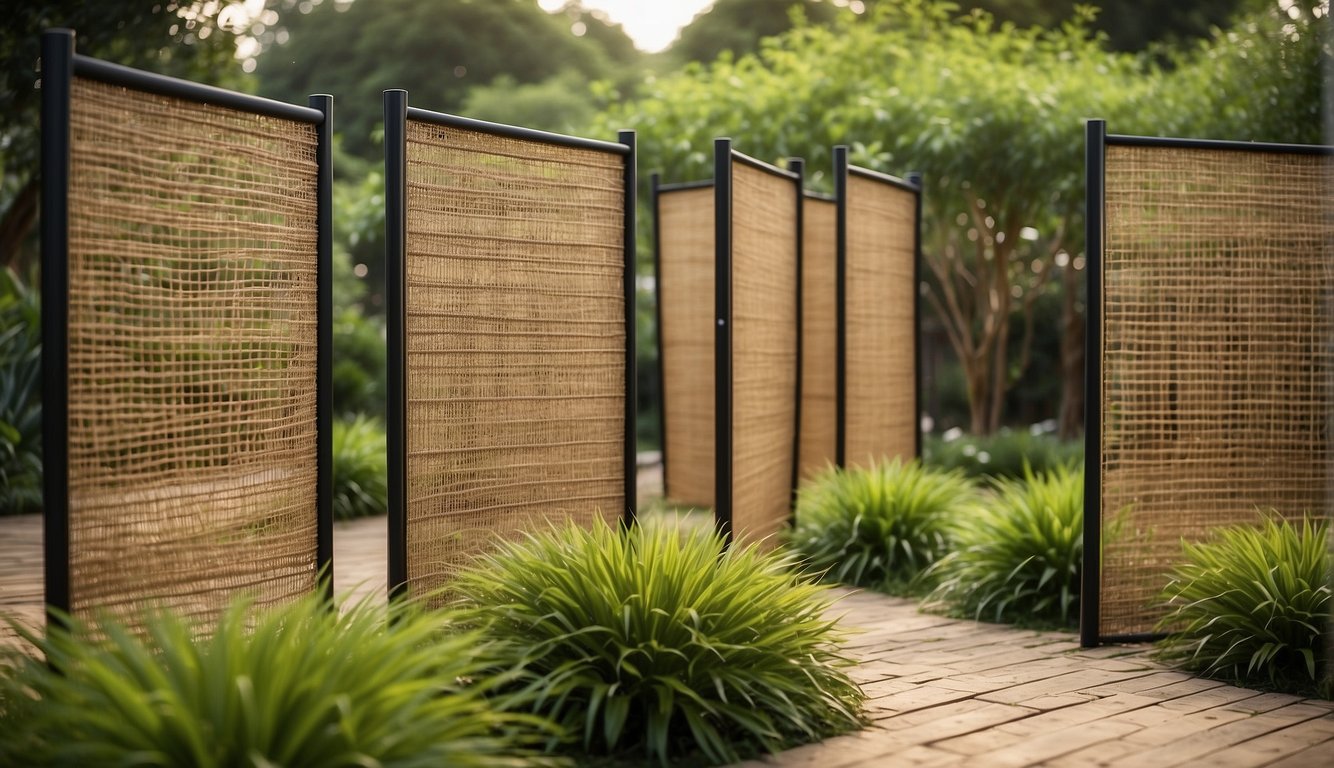 A variety of eco-friendly privacy screens arranged in a garden setting, with different shapes, sizes, and materials such as bamboo, reed, and woven fabric