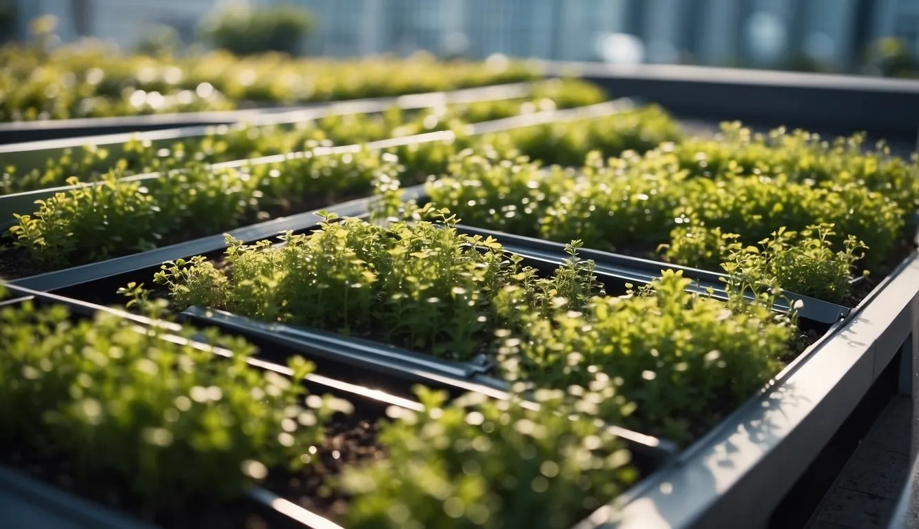 A modern building with a lush, thriving green roof, featuring advanced technology for sustainable energy and water management