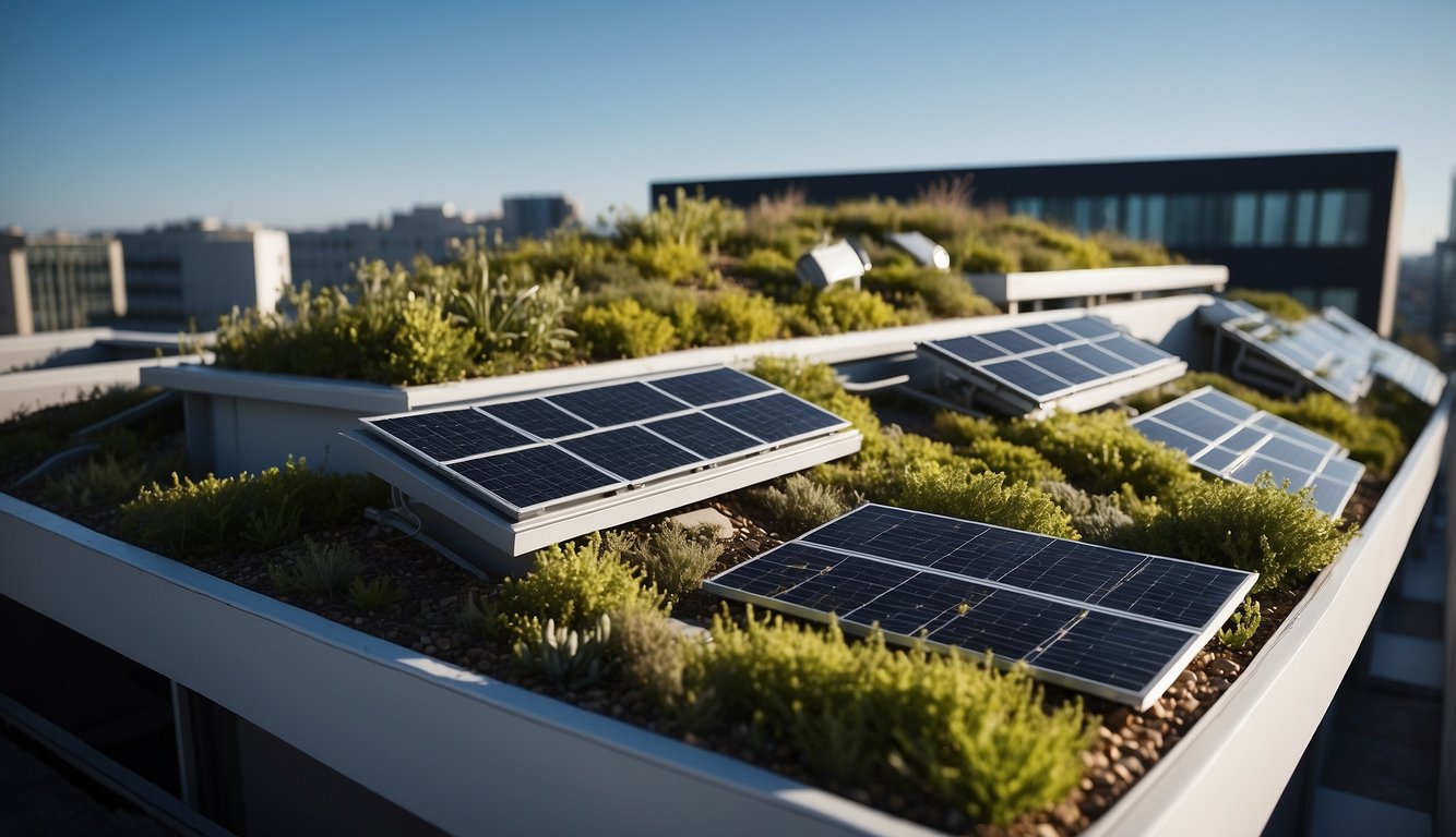 A modern building with a green roof system, showcasing innovative technology. Plants and vegetation thrive on the rooftop, while solar panels and water collection systems are integrated seamlessly