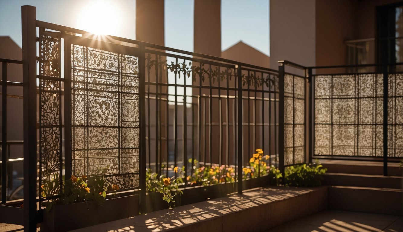 A balcony with intricate metal screens, adorned with floral and geometric patterns, casting beautiful shadows in the sunlight