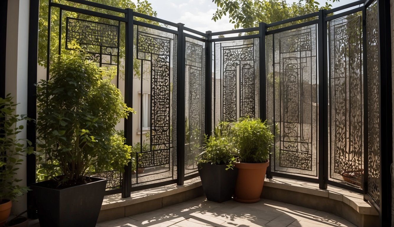 A decorative balcony screen with various patterns and designs, adding privacy and style to the outdoor space