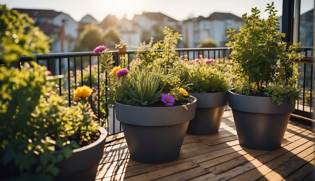 A balcony with recycled planters, sustainable wood decking, and eco-friendly irrigation system. Lush greenery and vibrant flowers thrive in the sunlight