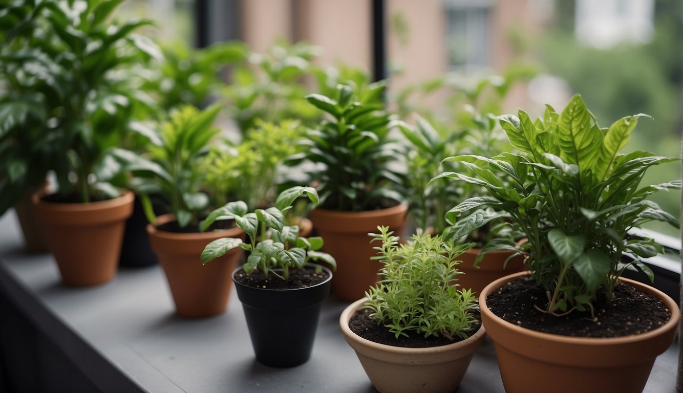 Lush green plants in eco-friendly pots and containers, with gardening tools and sustainable materials for balcony garden maintenance