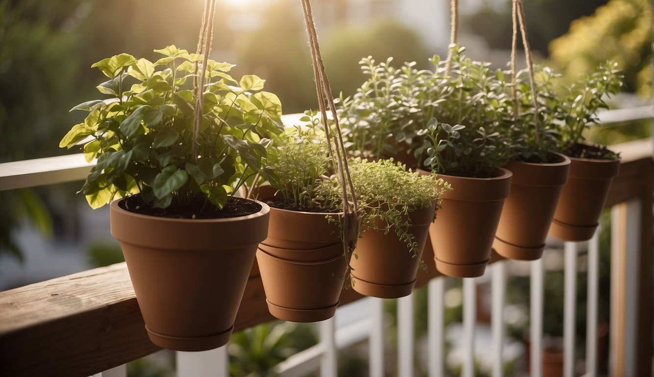 A balcony garden with eco-friendly materials: wooden planters, recycled plastic pots, and natural fiber hanging baskets