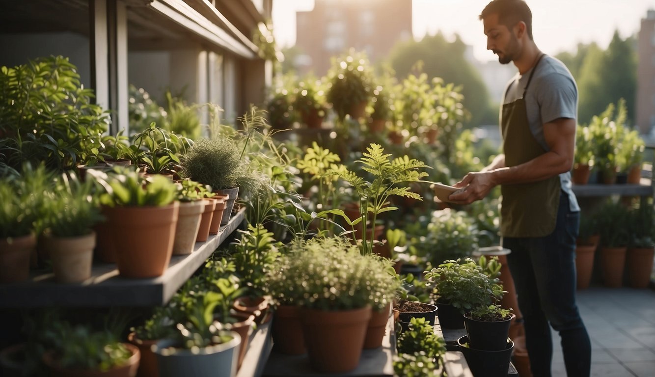 A person selecting sustainable plants and materials for an eco-friendly balcony garden