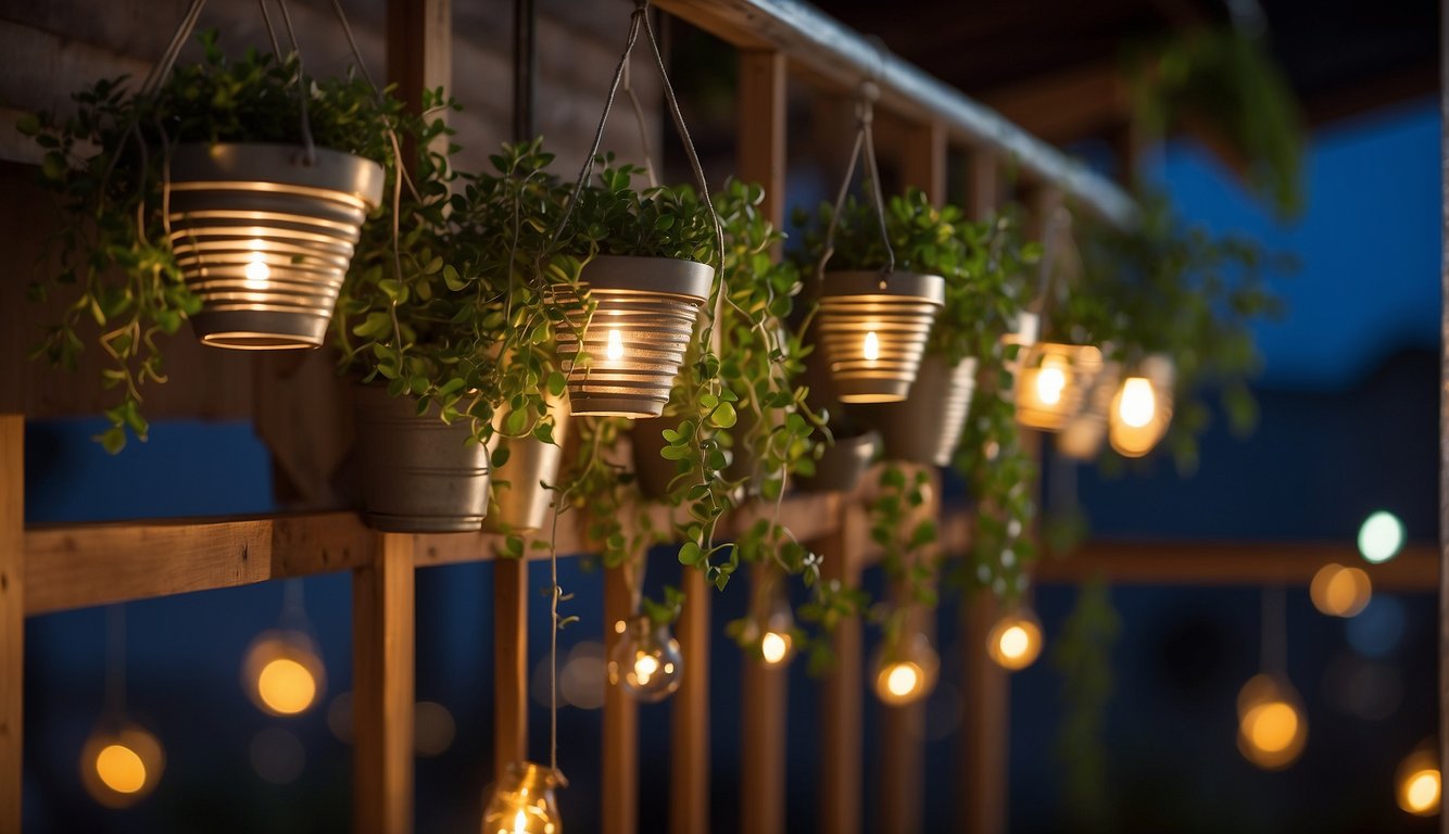 A balcony with recycled wood planters, hanging cloth pots, and metal trellises. Solar-powered LED lights illuminate the eco-friendly garden at night