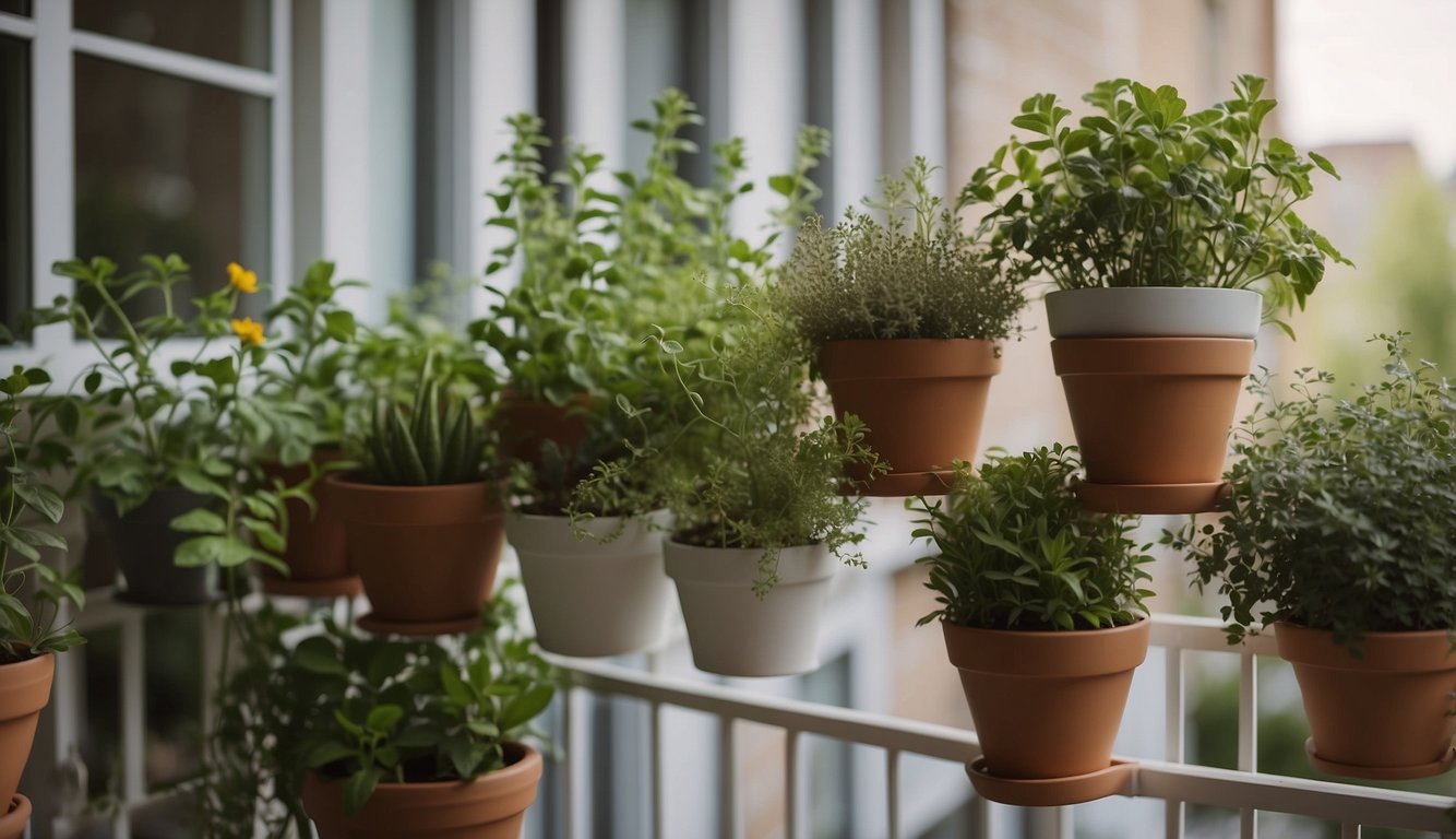 A small balcony with hanging planters and wall-mounted containers filled with various herbs and flowers. A ladder shelf holds potted plants, creating a lush and budget-friendly vertical garden