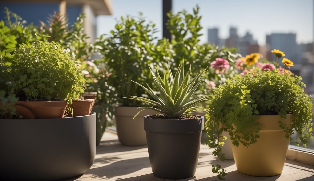 Lush green plants and colorful flowers thrive in eco-friendly containers on a sunny balcony. Recycled pots and hanging planters add a sustainable touch to the urban garden