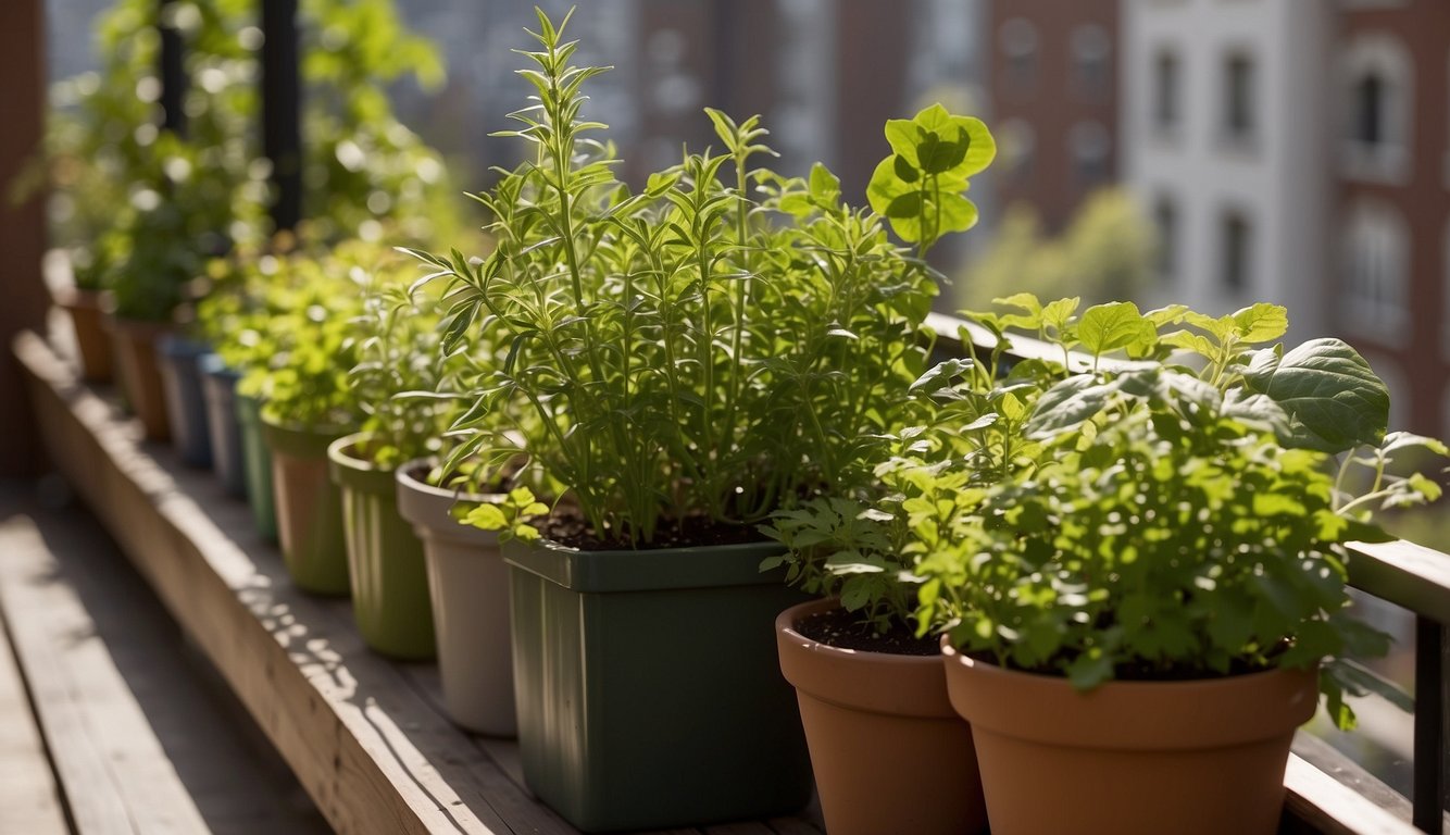 Lush green plants spill over the edges of various containers on a sunny balcony. Herbs, flowers, and vegetables thrive in the small space, creating a vibrant and inviting garden oasis