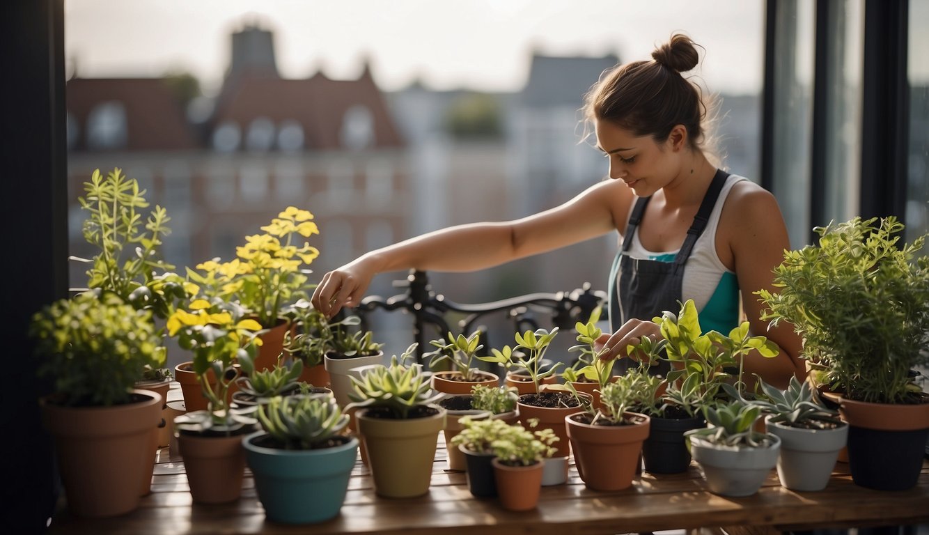 A person arranging various containers on a balcony, carefully selecting the right sizes and shapes for optimal container gardening