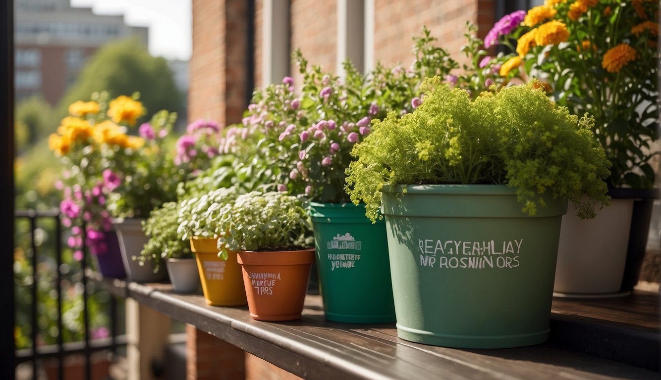 Lush green plants and flowers spilling out of colorful containers on a sunny balcony, with a sign reading "Frequently Asked Questions Balcony Container Gardening Tips"