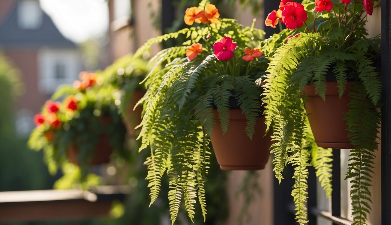 Lush green ferns and delicate ivy cascade from hanging planters, while vibrant begonias and impatiens bloom in the dappled sunlight of a cozy balcony