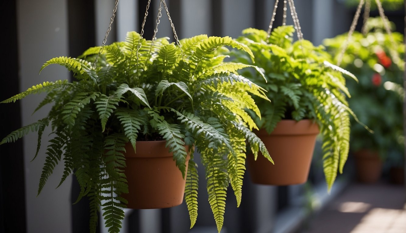 Lush green ferns and delicate ivy cascade from hanging planters, while vibrant impatiens and begonias bloom in shaded balcony pots