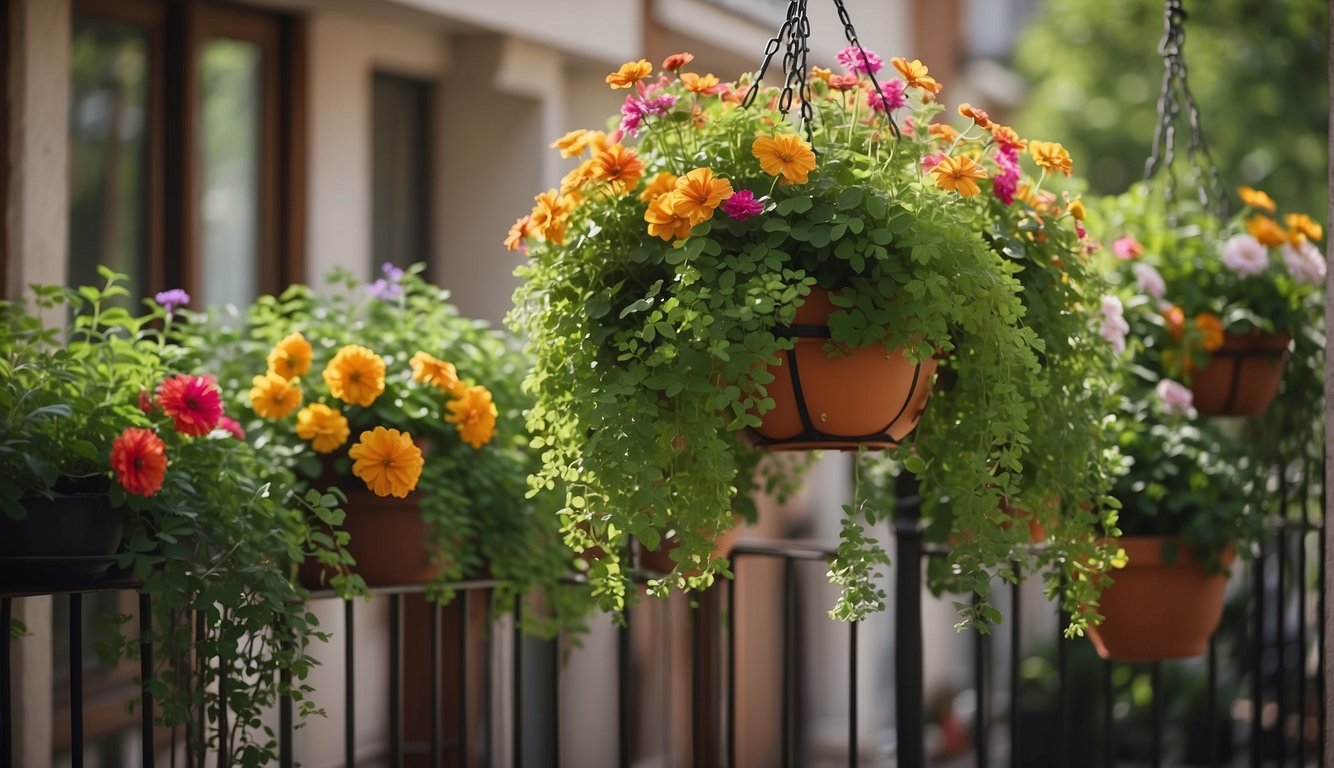 Lush green foliage of shade-loving plants cascading from hanging baskets on a balcony, with pops of colorful flowers adding seasonal interest