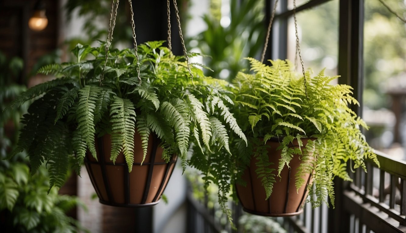 Lush, green foliage thrives in dappled sunlight on a cozy balcony. Ferns, hostas, and begonias cascade from hanging baskets, creating a serene and inviting atmosphere for shade-loving plants