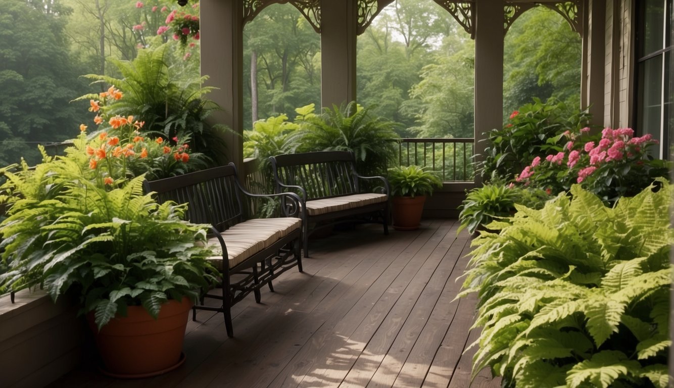 Lush green ferns and delicate hostas fill the shaded balcony, accented by pops of vibrant impatiens and begonias. A cozy seating area invites relaxation amidst the peaceful, leafy oasis