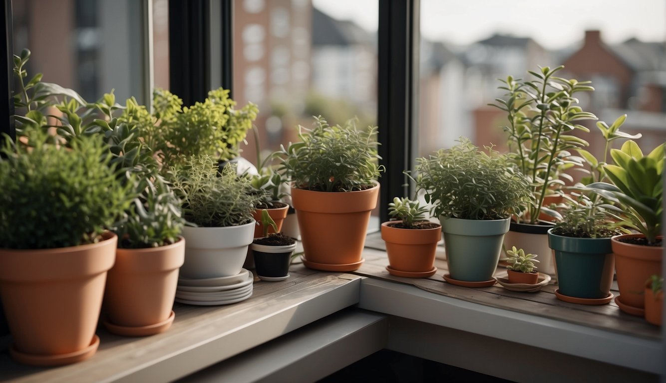 A balcony with pots of various plants arranged in a seasonal pattern, with a calendar and gardening tools nearby