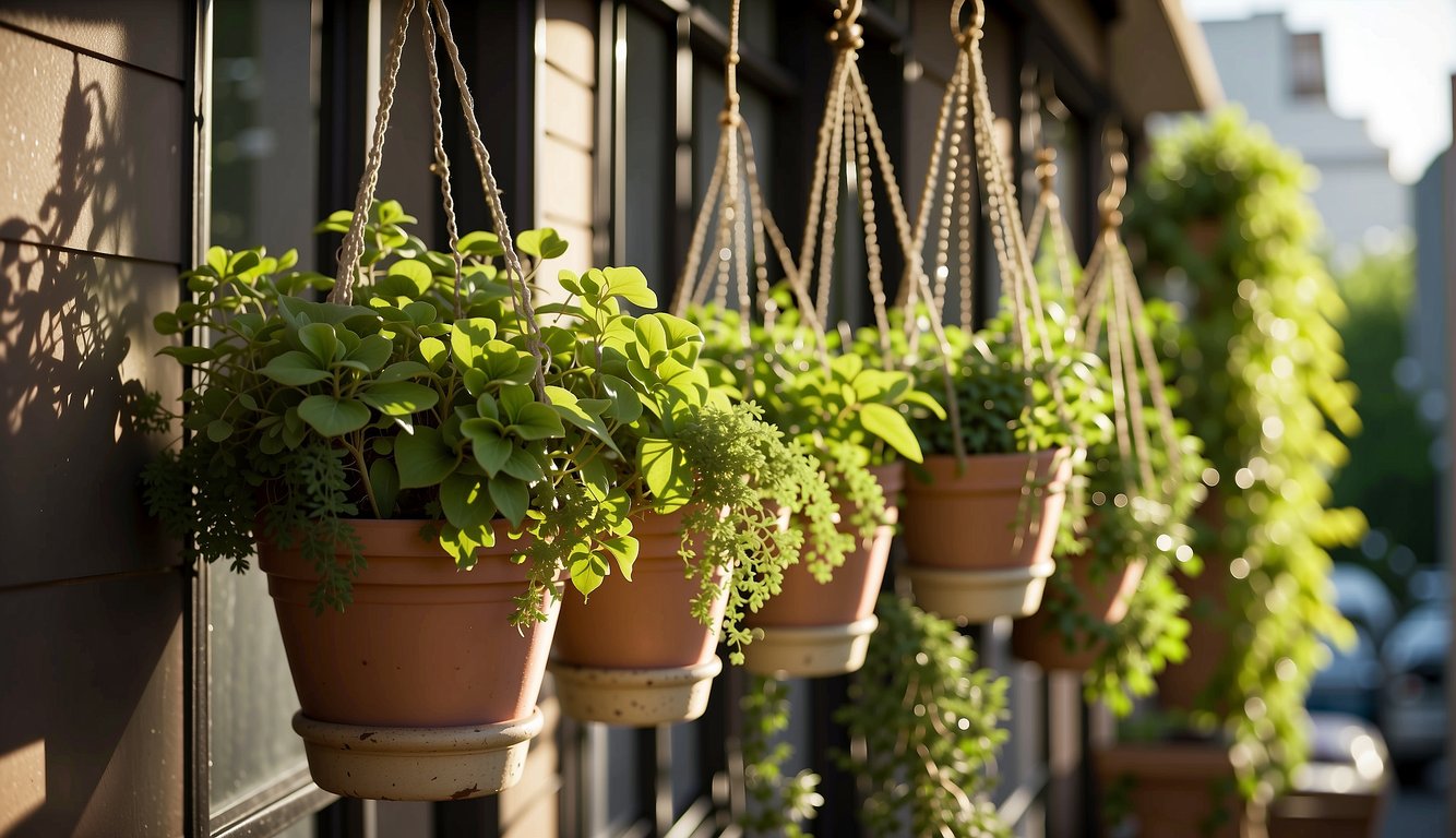 A small balcony with hanging planters, wall-mounted shelves, and trellises. Budget-friendly materials like recycled containers and wooden pallets. Bright sunlight and green foliage
