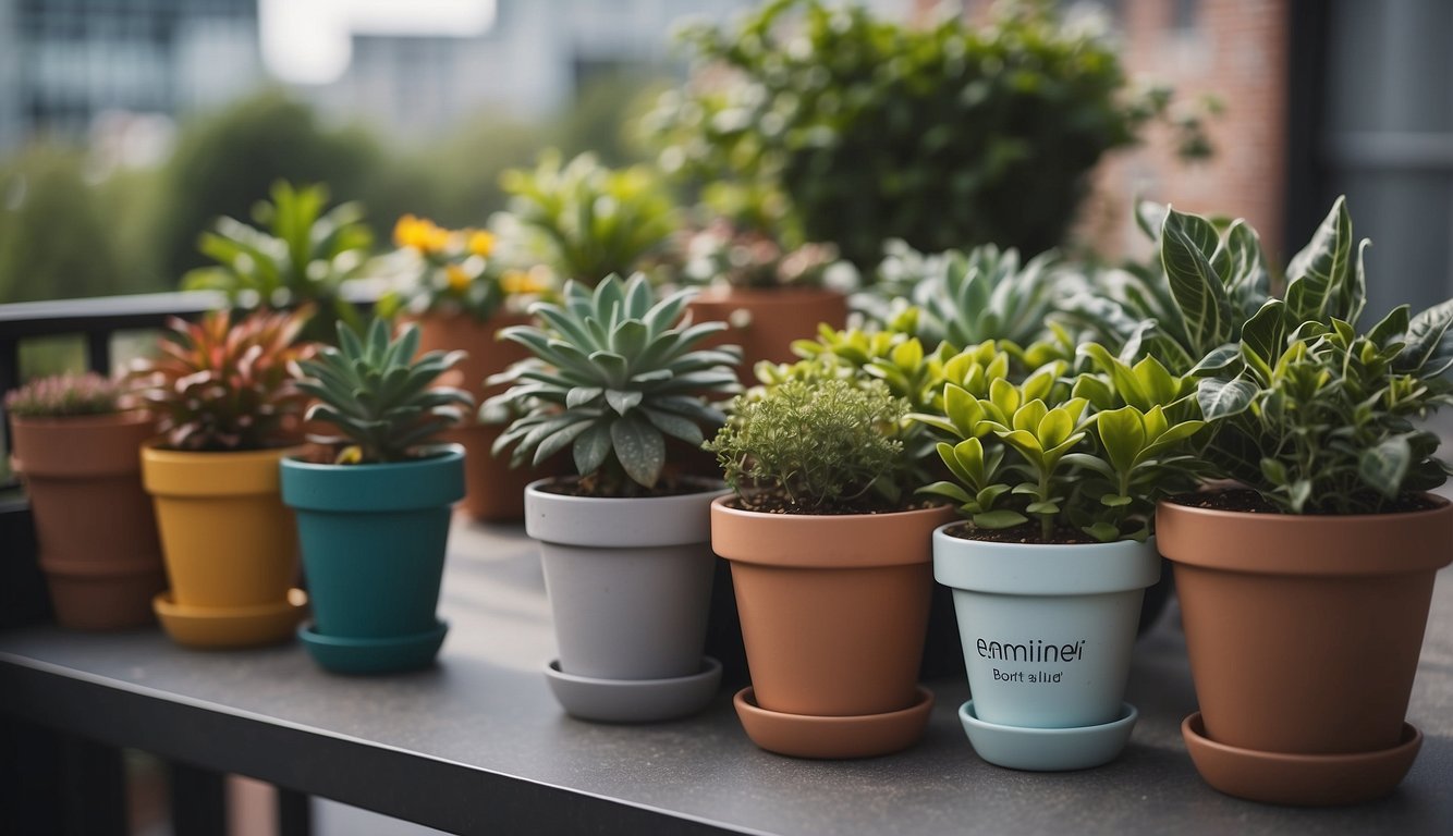 A colorful array of potted plants arranged on a balcony, with each pot labeled with the name of the plant and positioned according to the season