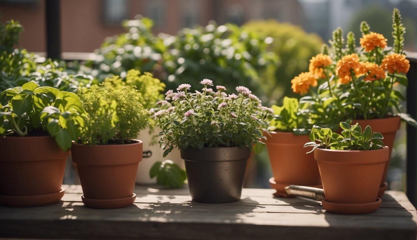 Lush balcony garden with potted plants arranged by season. Colorful flowers, herbs, and vegetables in organized rows. A small table with gardening tools and a calendar for planning