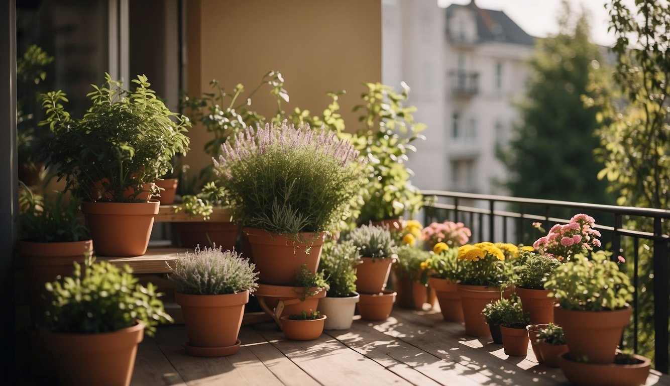 A sunny balcony with potted plants arranged for optimal light and space usage. Different seasonal flowers and herbs are carefully planned and placed