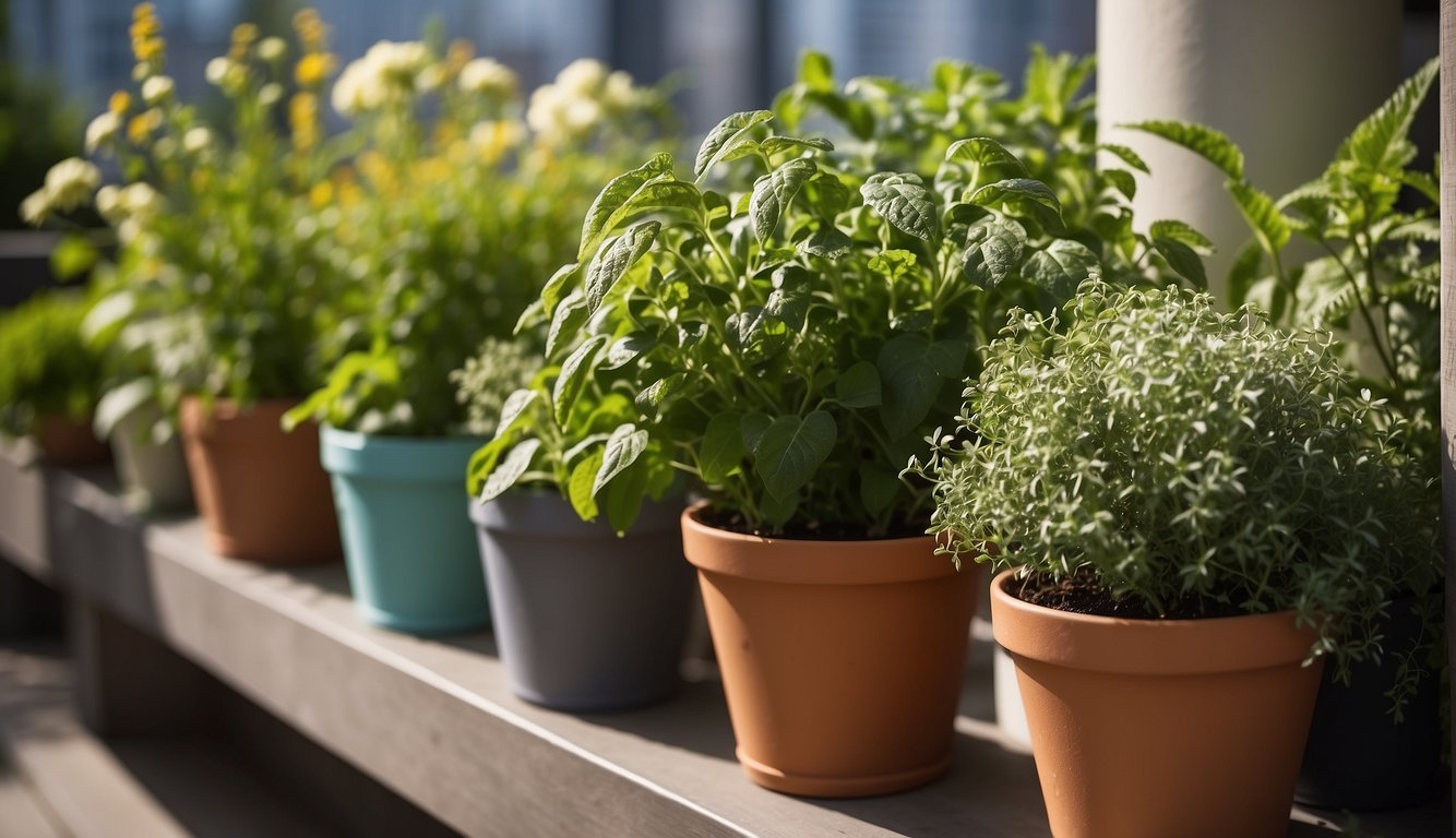 Lush green plants fill a variety of containers on a sun-drenched balcony. Seasonal flowers and herbs are carefully arranged for a vibrant garden display