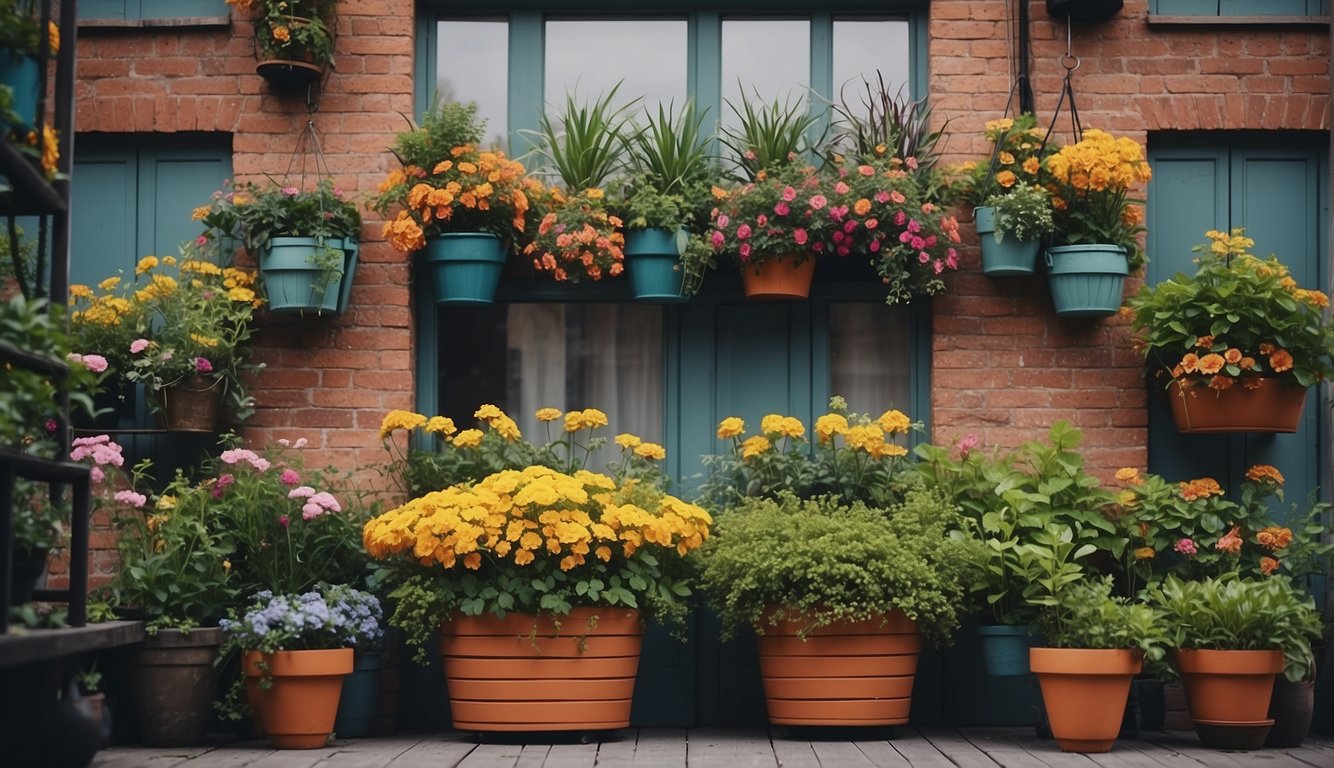 A balcony garden with colorful seasonal plants arranged in a symmetrical pattern, surrounded by hanging baskets and potted flowers