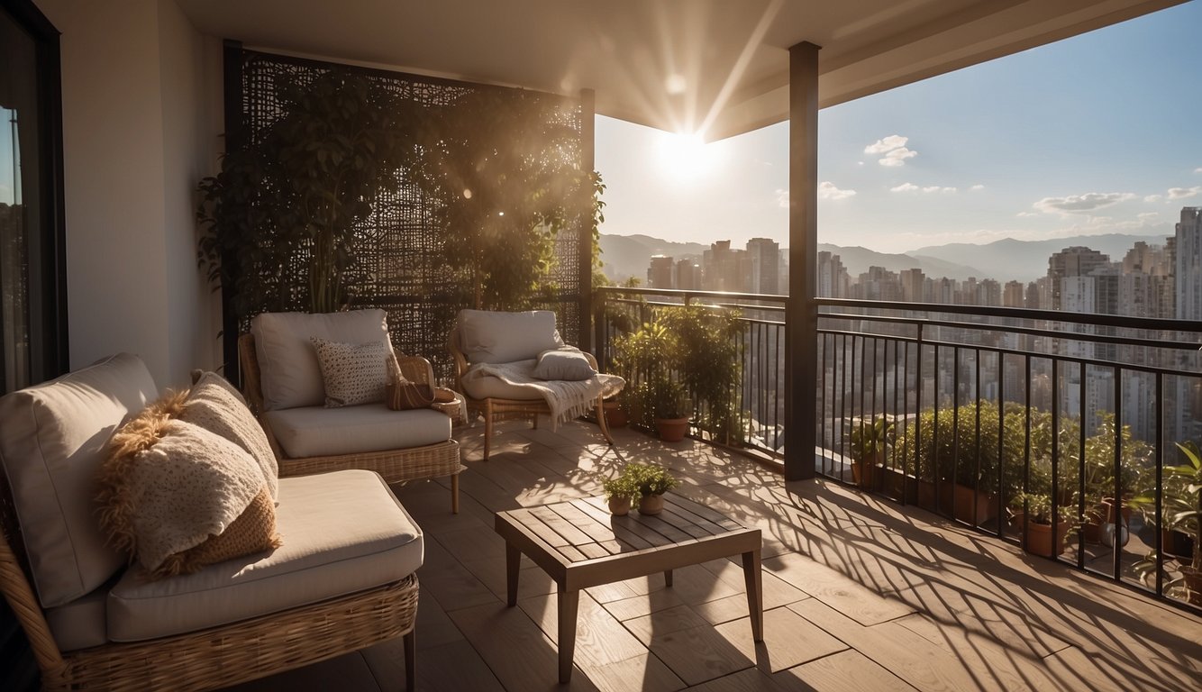 A balcony privacy screen provides seclusion and protection from the elements, offering a cozy and intimate outdoor space for relaxation and entertainment