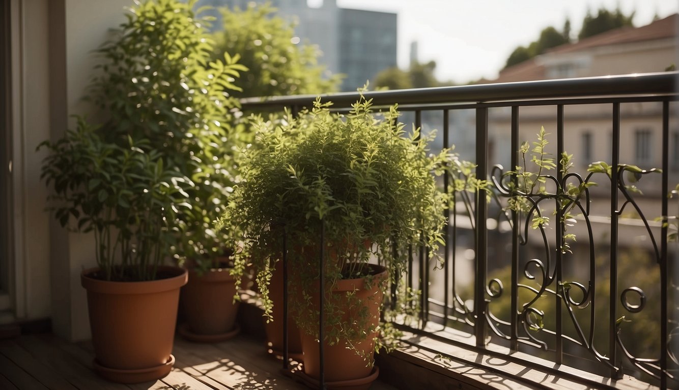 A balcony with a privacy screen, providing seclusion and shielding from view. Plants and decorative elements add a touch of natural beauty