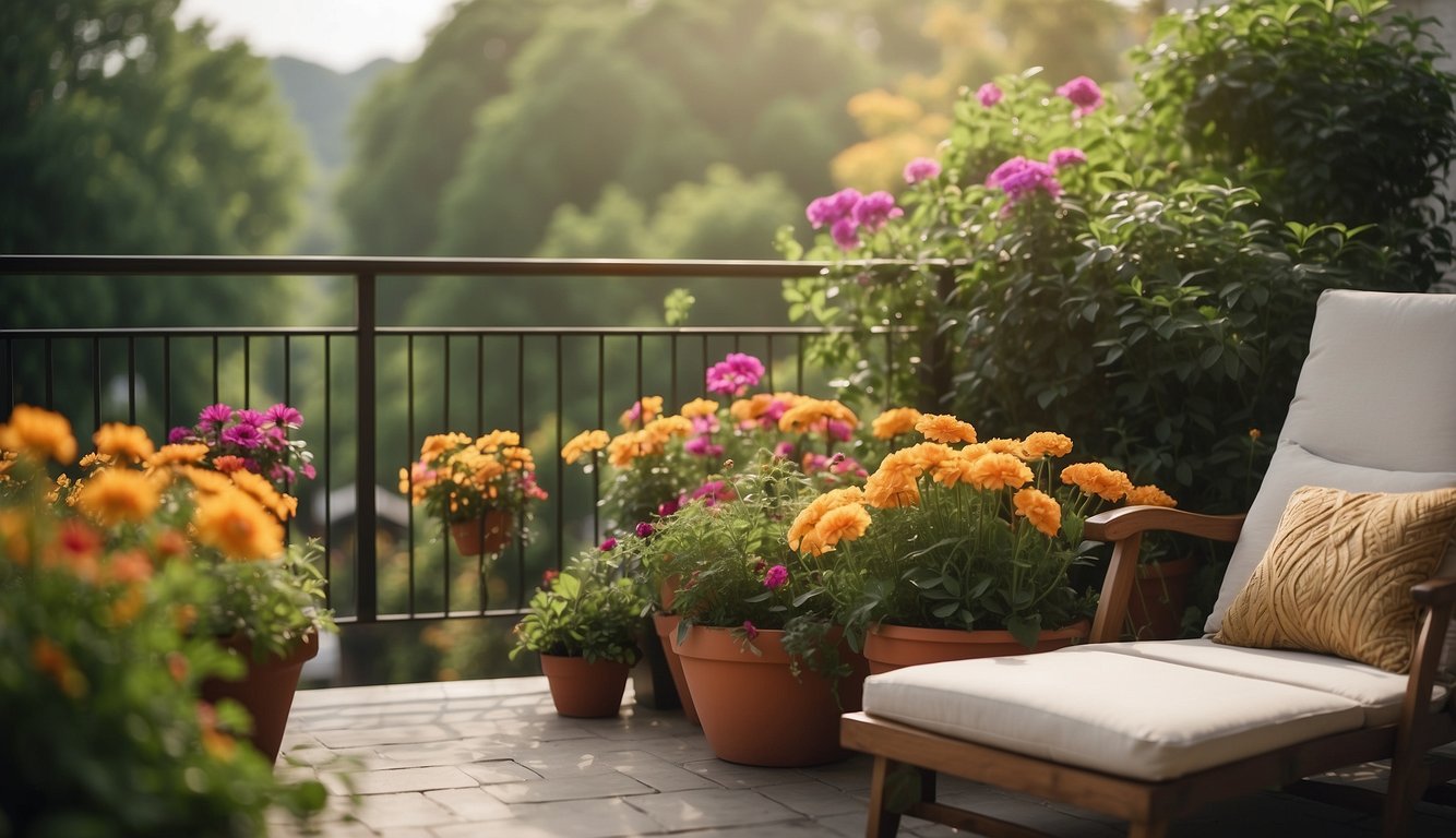 A balcony with a privacy screen, surrounded by lush greenery and colorful flowers, providing a secluded and peaceful outdoor space