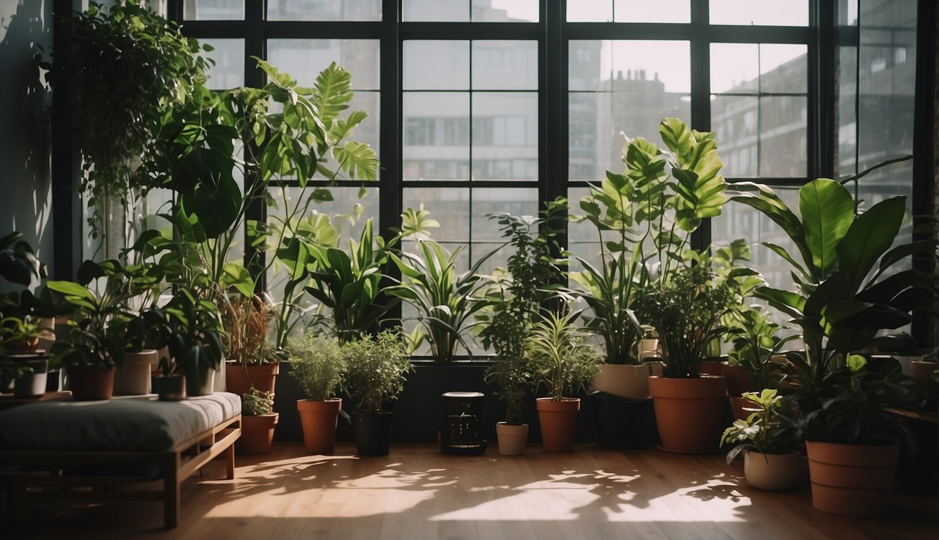 A room with plants, an air purifier, and open windows