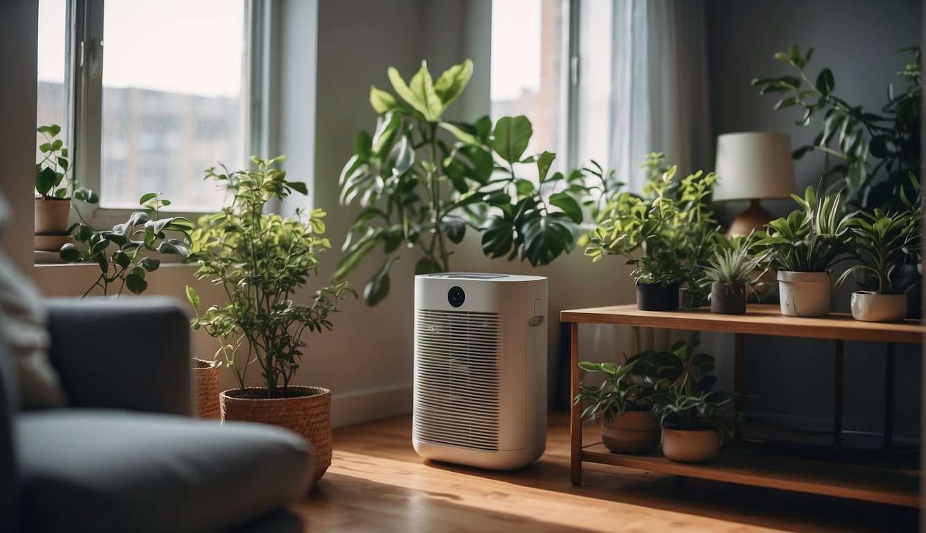 A person placing an air purifier in a cluttered apartment, opening windows, and using natural methods like plants to improve air quality