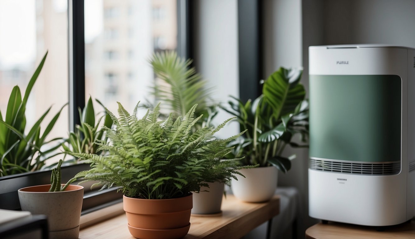 A hand reaches out to adjust the air purifier settings in a modern, clean apartment with plants and open windows