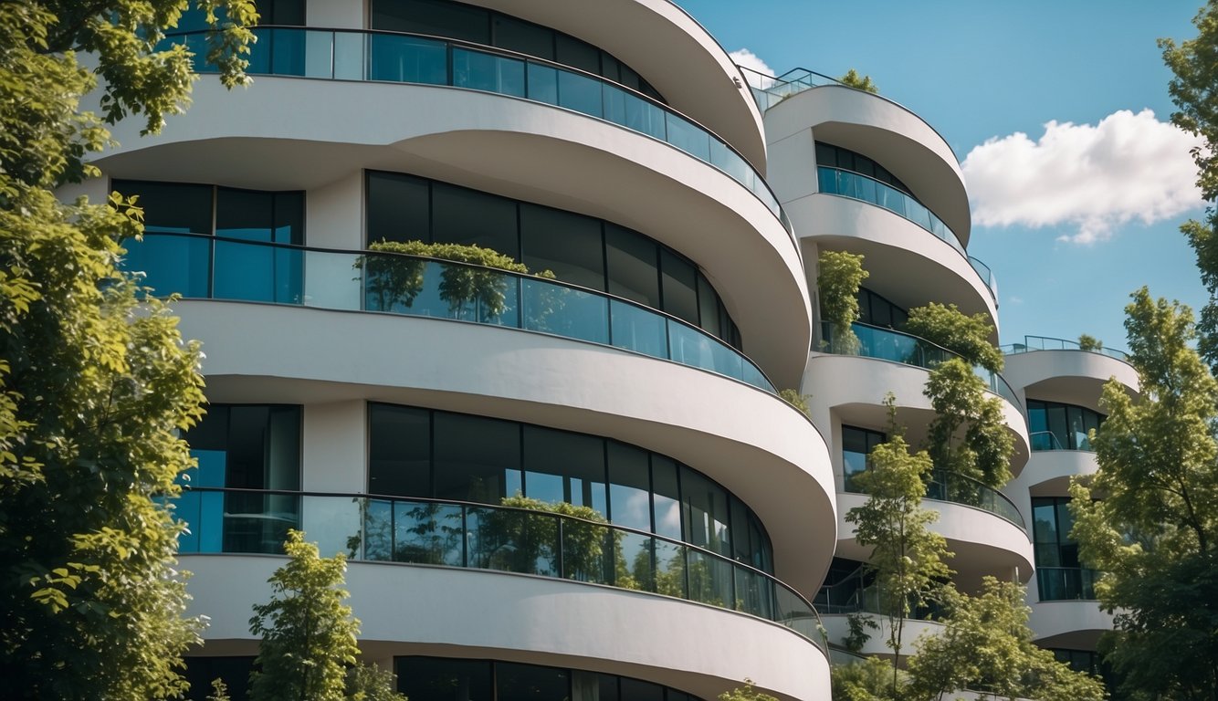 A clear blue sky above a modern apartment building with air purifiers in each window, surrounded by green trees and clean, fresh air