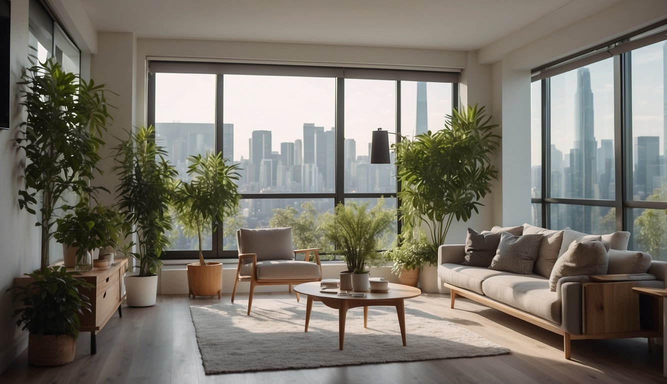 A modern apartment with air purifiers placed strategically in each room, plants adding natural filtration, and windows open to let in fresh air