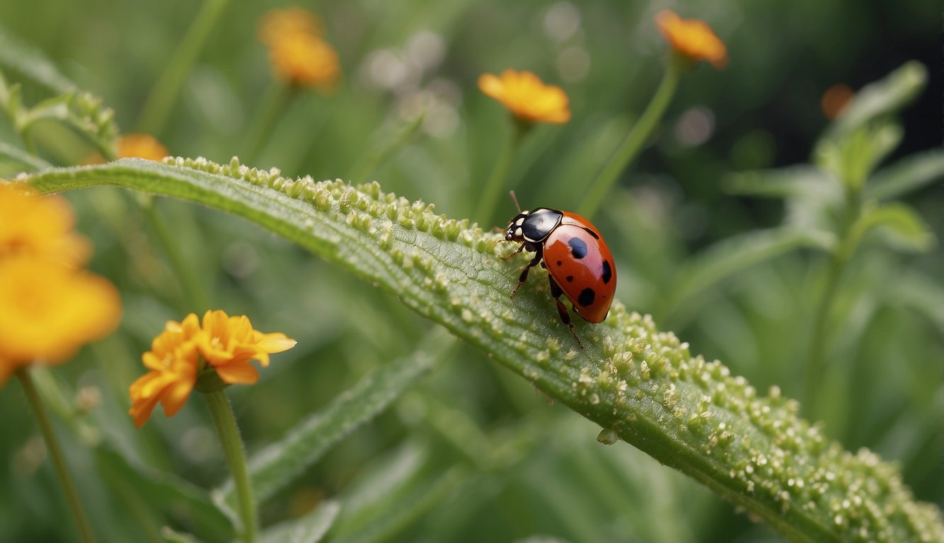 A garden with diverse plants and insects. Ladybugs and praying mantises patrol, while birds and toads hunt for pests