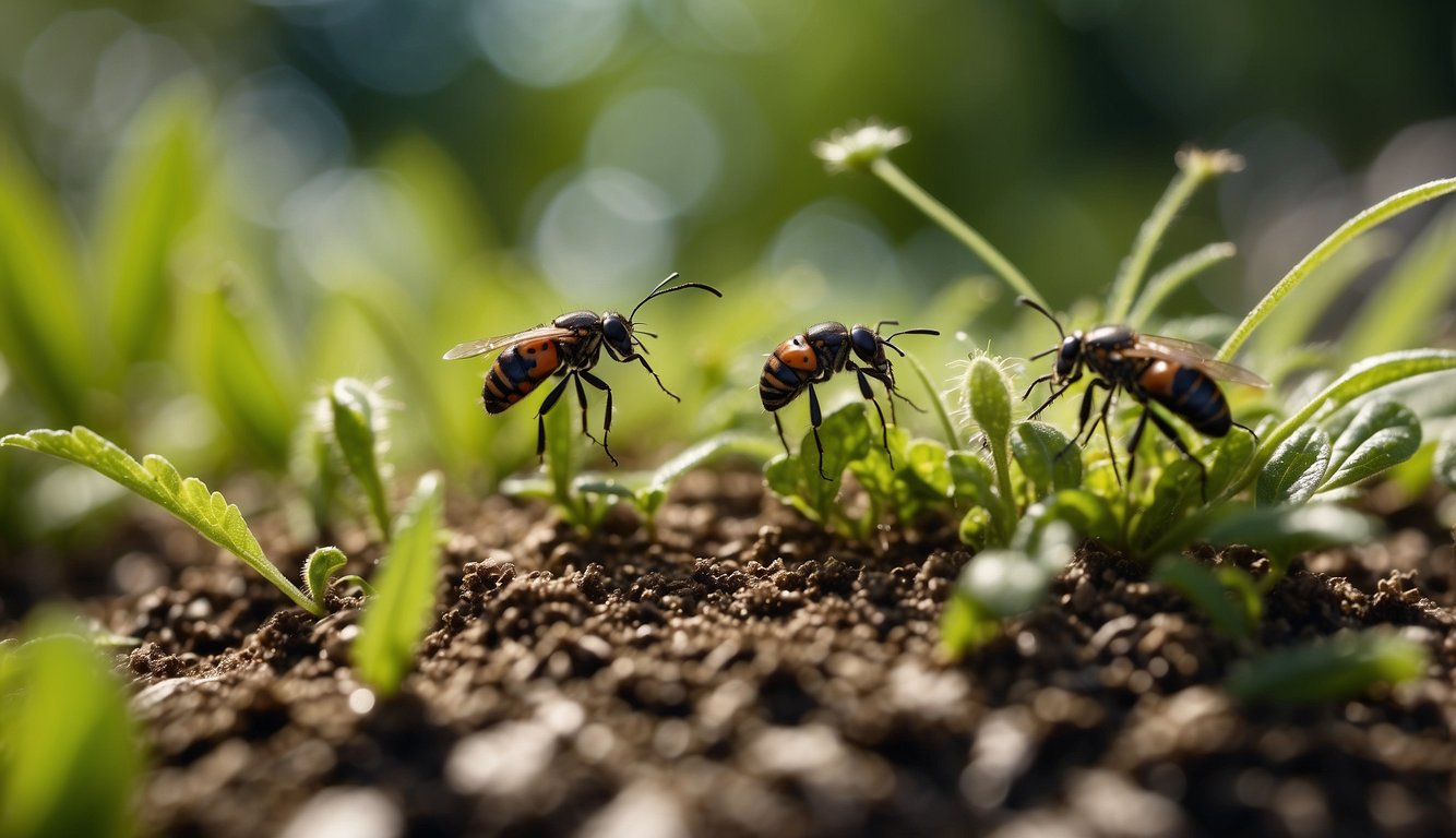 Healthy plants surrounded by beneficial insects, with mechanical traps and barriers in place to deter pests