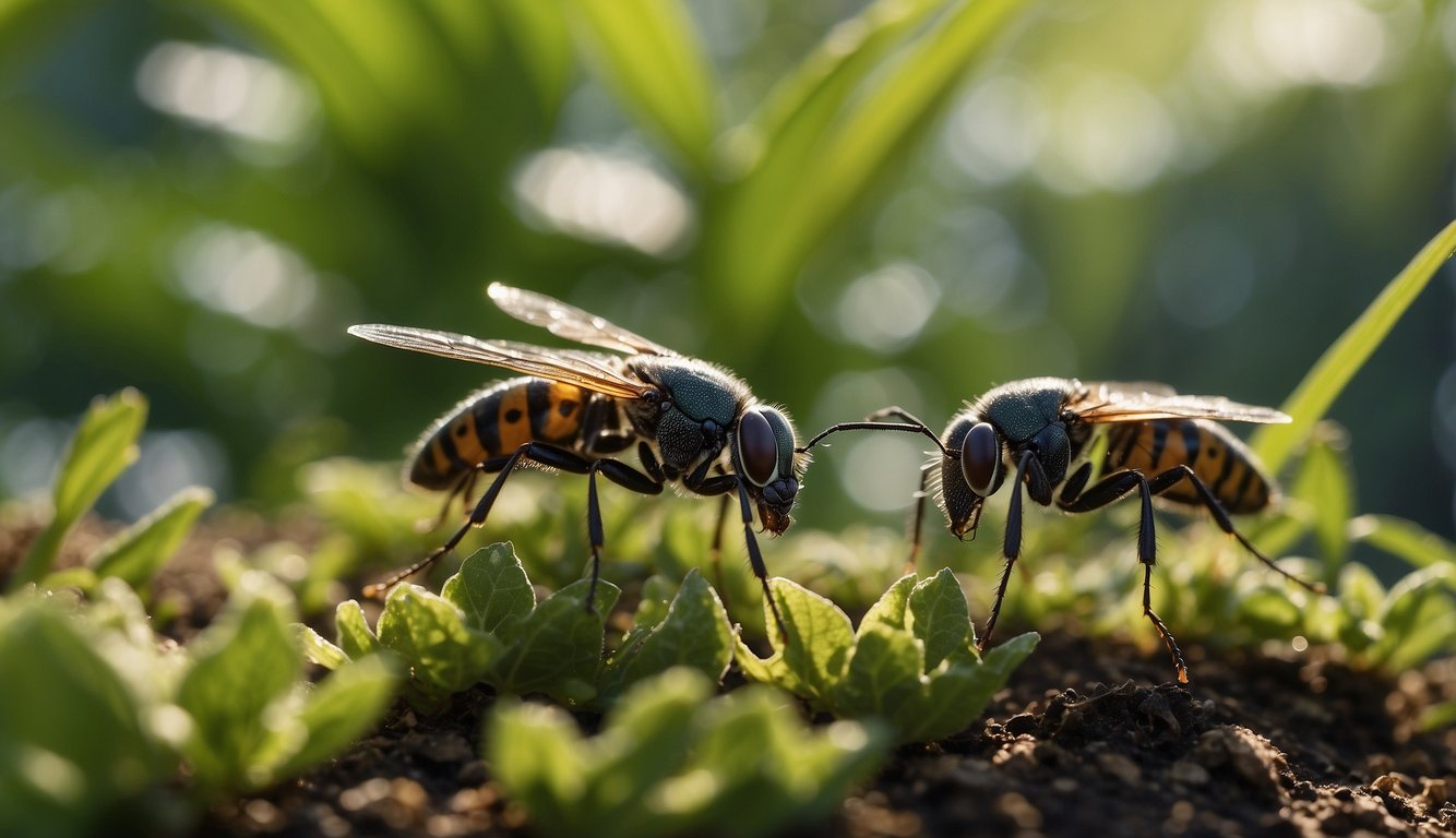 A garden with diverse plants and insects, signifying natural balance and organic pest control