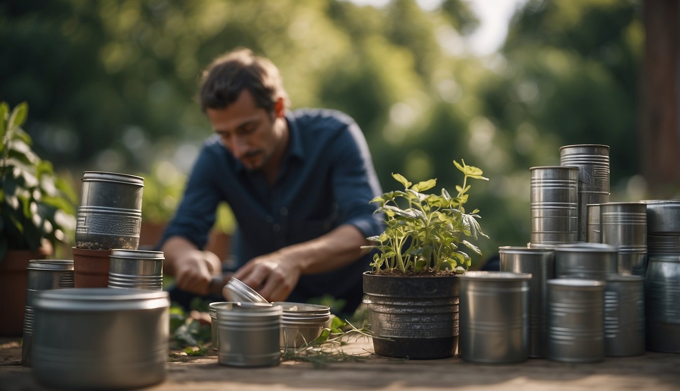 A person carefully selects recycled materials for planters, such as tin cans and plastic bottles, from a collection of discarded items