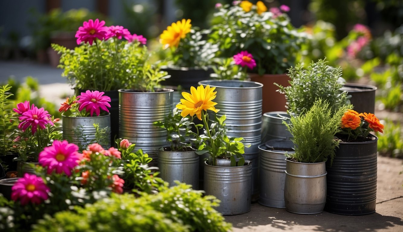 Various planters made from recycled materials, such as tin cans, plastic bottles, and old tires, arranged in a garden setting with vibrant flowers and greenery