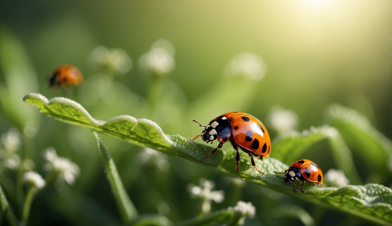 A lush green lawn with ladybugs, bees, and earth-friendly insect control products