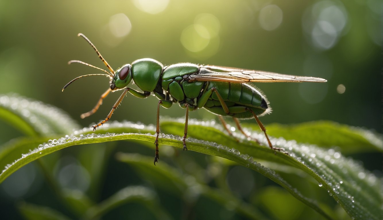 A green insect sprays pesticide on a garden, with plants and bugs in the background