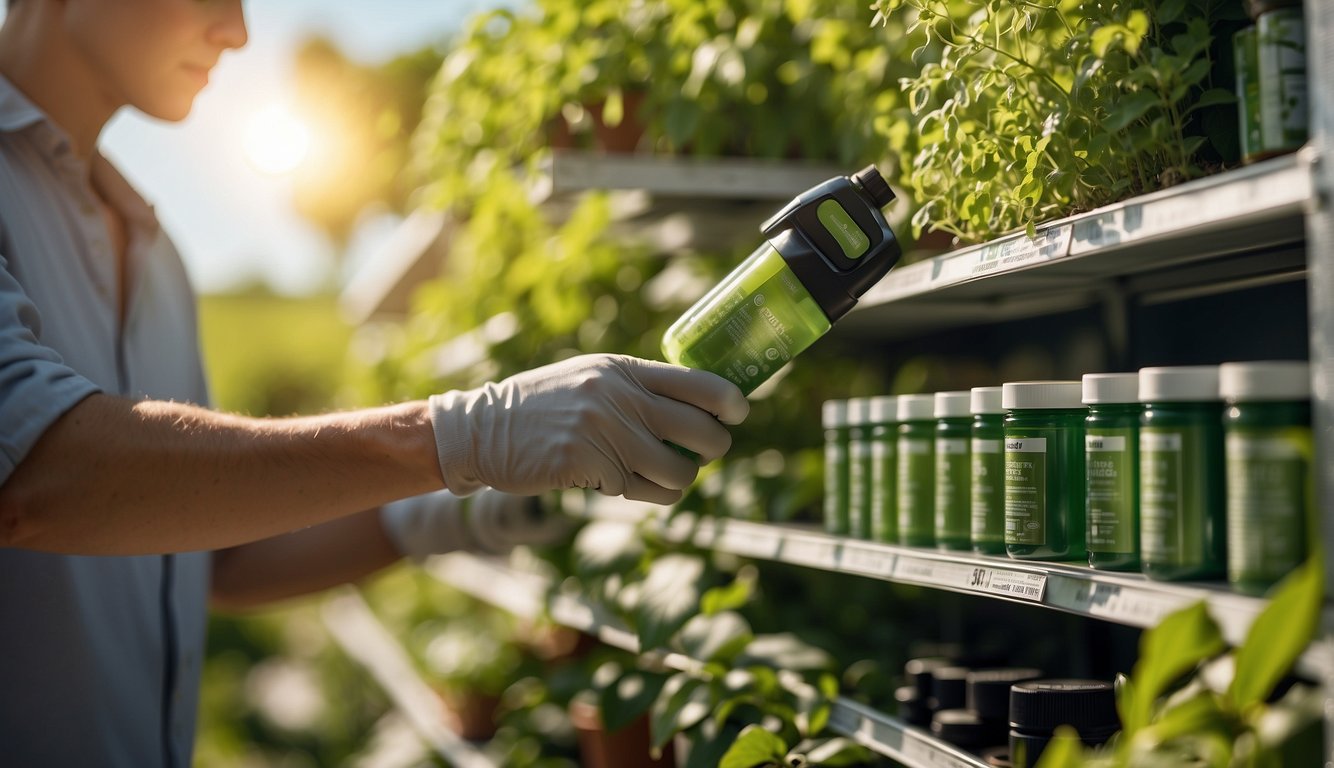 A person selects insect control products from a shelf, surrounded by green plants and a sunny sky