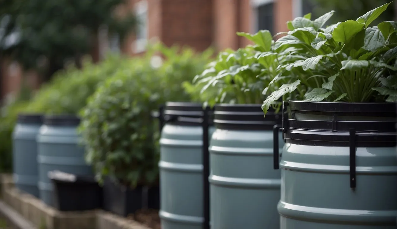 Rain barrels collecting rainwater from rooftops in urban gardens. Gutters diverting water into storage tanks. Overflow valves releasing excess water